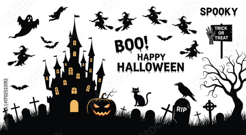 Halloween haunted castle vector illustration with spooky pumpkins, witches, bats, ghosts, graveyard, black cat, trick or treat night scene