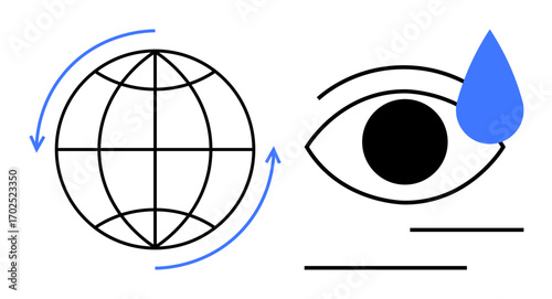 Globe with arrows symbolizing connection, and an eye with a tear representing emotion. Ideal for themes thumbs up empathy, global issues, connection, sustainability, human rights, awareness