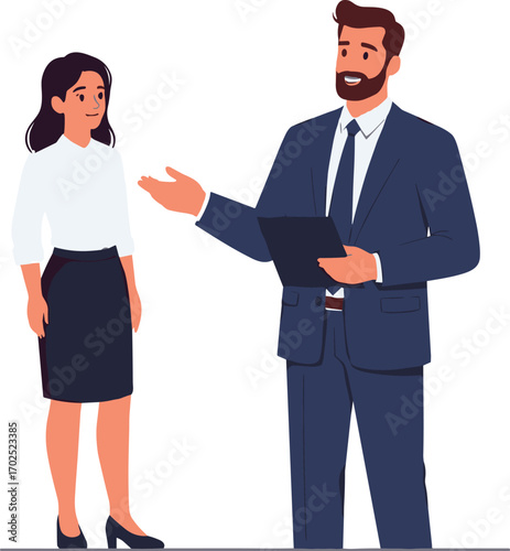 Businessman and businesswoman discussing professional work, office communication, teamwork, corporate presentation, leadership, business strategy, 