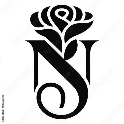 A monogram design with fusion of letters N and S and flowers, black color on white background.