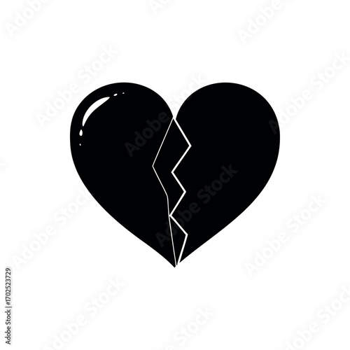 Stylized graphic representation of a broken heart in solid black color