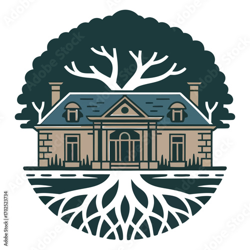 A logo design with house and banyan fusion in white BG.