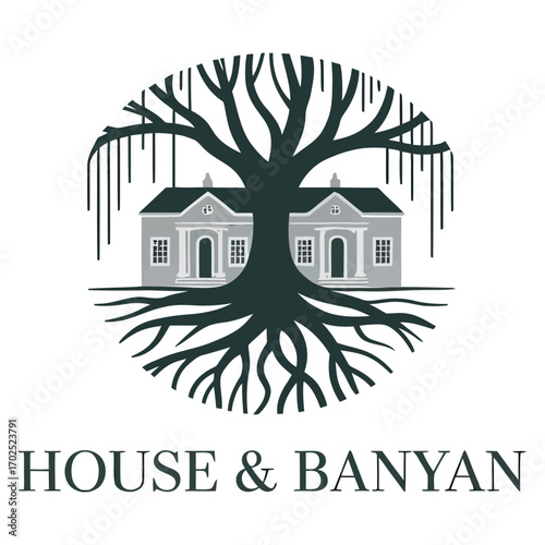 A logo design with house and banyan fusion in white BG.