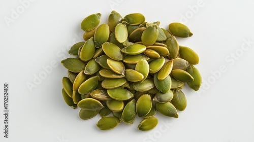 Vibrant Green Pumpkin Seeds Pile on Clean White Background, Studio Shot