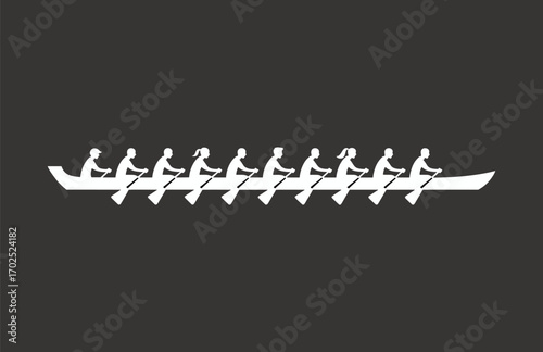 Full white silhouette of a rowing team, 10 athletes in a boat with oars, rowing together in synchronized movement, isolated on dark background for sport concept