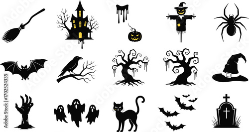 Halloween spooky silhouette icons with haunted house, witch, jack‑o’‑lantern, bats, ghosts, black cat, spider, scarecrow, raven, and eerie graveyard elements
