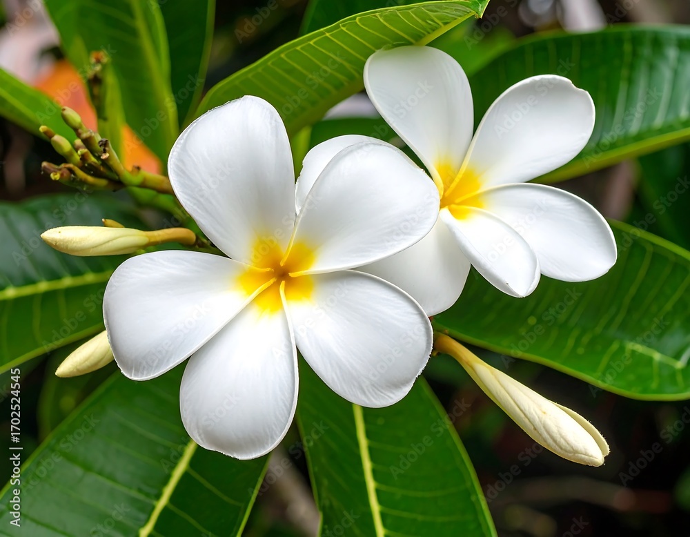 Fototapeta premium Close-up of two white plumeria flowers
