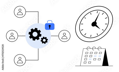 Connected team members around gears with a lock, clock for time, and calendar for scheduling. Ideal for teamwork, project management, security, planning, scheduling, time management organization