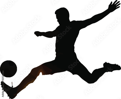 Dynamic silhouette of a soccer player kicking the ball with power and grace, ideal for sports branding, athletic designs, and energetic visuals that inspire action