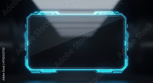 Futuristic screen with blue neon frame on dark background