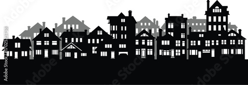 Layered black and gray suburban neighborhood house silhouette with chimneys, gabled roofs, and dormer windows in minimalist vector architecture design