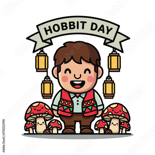 A cheerful cartoon hobbit character stands between two groups of smiling mushrooms, with lanterns hanging above, celebrating Hobbit Day.