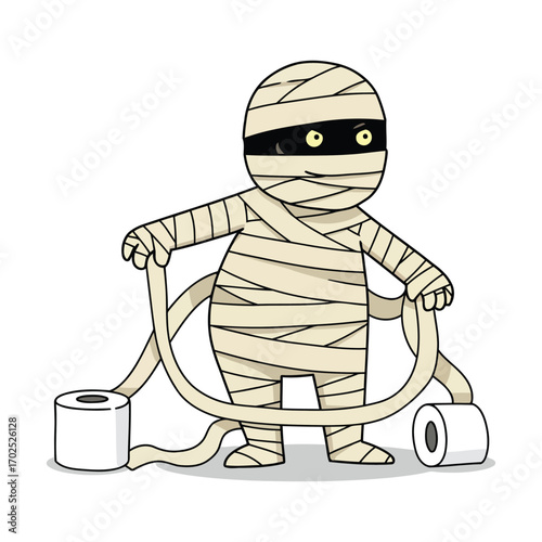 Cartoon mummy holding toilet paper rolls.
