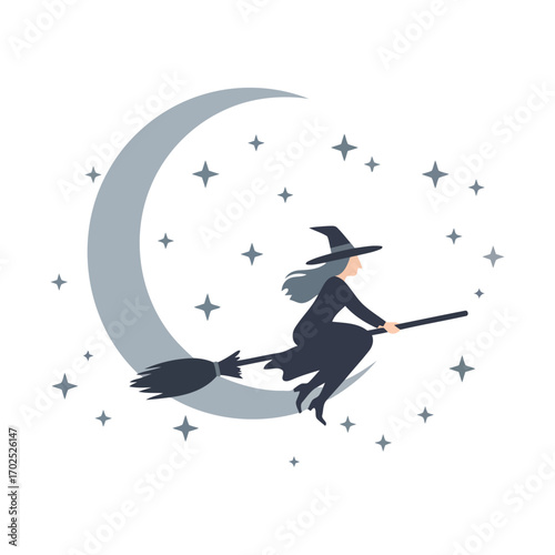 A witch in a pointed hat and dark dress flies on a broomstick across a crescent moon and starry night sky.