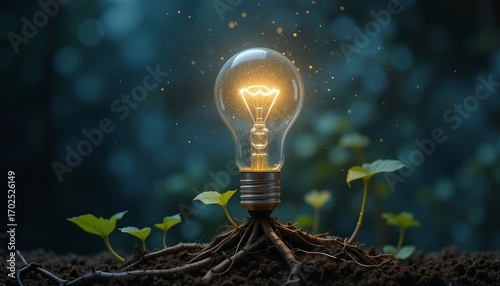 Illuminated lightbulb planted in soil with sprouting plants glowing particles