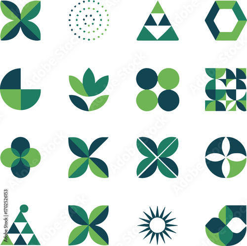 geometric pattern vector set of sixteen abstract green floral symbols in minimalist grid design for digital backgrounds