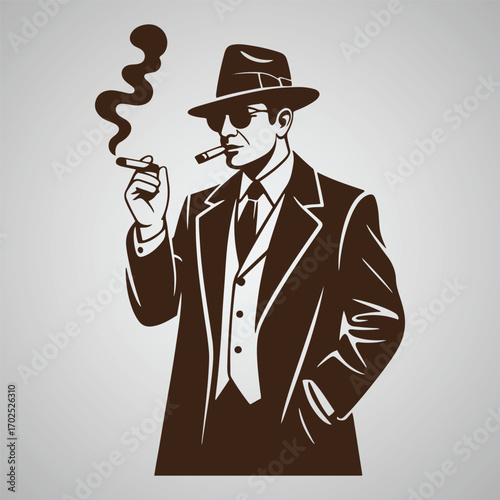 Stylized man in fedora and suit smoking cigar with smoke vector