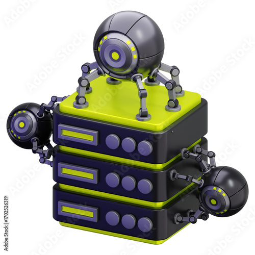 Robotic AI spider drones monitoring a data server rack in a 3D render. A concept for advanced cybersecurity, automated network surveillance, and big data protection technology