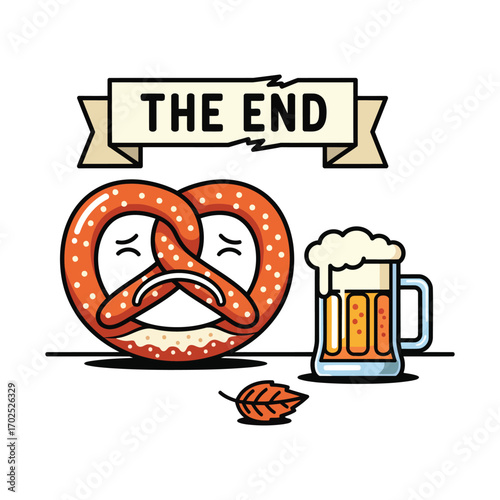 Sad pretzel and beer mug with banner reading "The End".