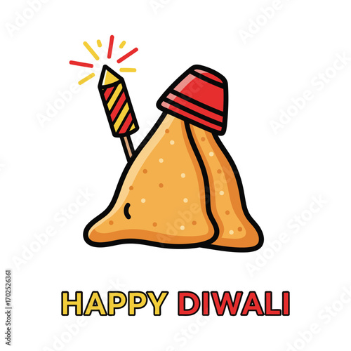 Cartoon illustration of samosas with a firecracker for Diwali.