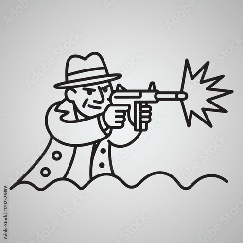Man in fedora hat firing submachine gun with muzzle flash and wavy lines vector