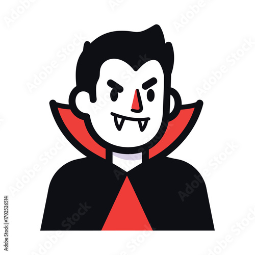 A cartoon illustration of a vampire character with fangs, black hair, and a red and black cape, looking mischievous.