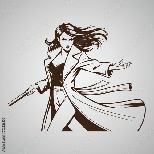 Woman in trench coat holding a baton with dramatic pose female