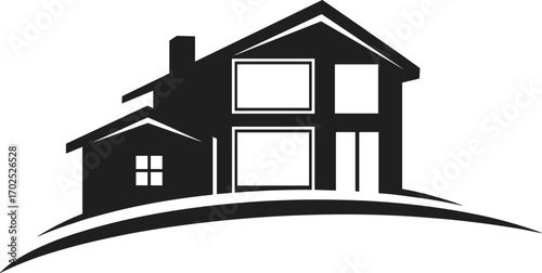 Modern residential house silhouette with pitched roofs, multiple windows, and curved hill base for real estate, architecture, home design, and property illustration