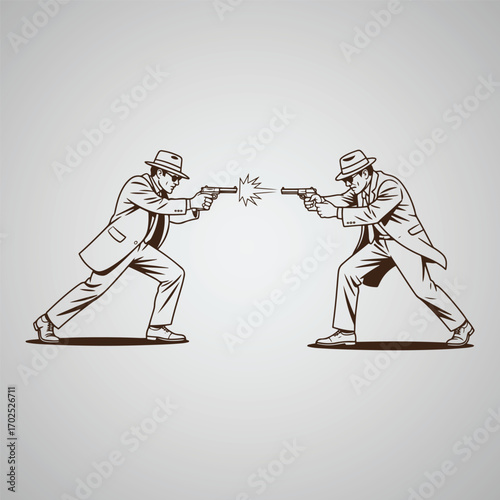Two men in fedoras and suits facing each other firing handguns with muzzle flash pistol