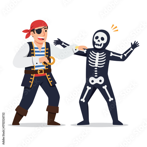 A pirate, with an eye patch, playfully interacts with a skeleton costume.
