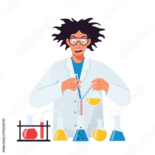Scientist mixing chemicals in laboratory with beakers and test tubes.