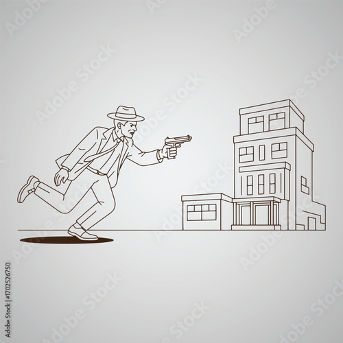 Man in fedora and suit firing pistol outside building line art shooting