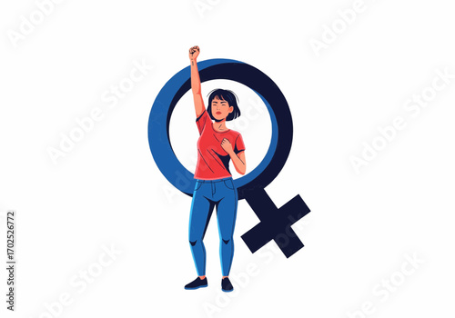 Feminist woman raising fist in front of female symbol advocating for equality and empowerment, illustrating strength and solidarity