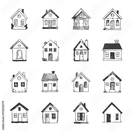 vector set of 16 monochrome house drawings featuring diverse home styles cottage modern farmhouse and urban sketches in a grid design