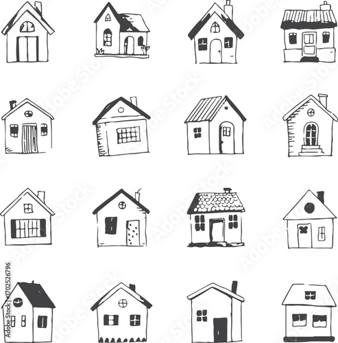 architectural hand drawn house sketches pack including minimalist and vintage ridge dormer chateau bungalow styles on white background grid