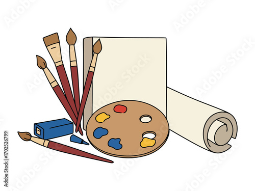 Illustration of art supplies including paint brushes, palette, paper, and eraser.