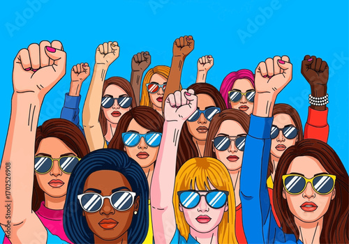 Diverse group of women with raised fists, symbolizing unity, strength, and feminist power movement