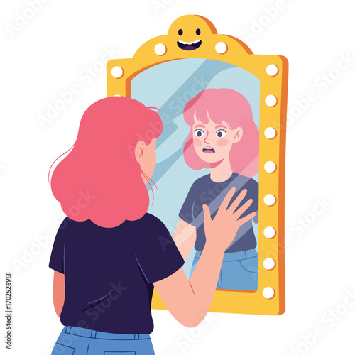 A person looking at their reflection in a mirror, expressing concern and worry about their appearance.