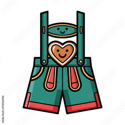 A cute cartoon illustration of traditional German Lederhosen with a smiling gingerbread heart cookie.