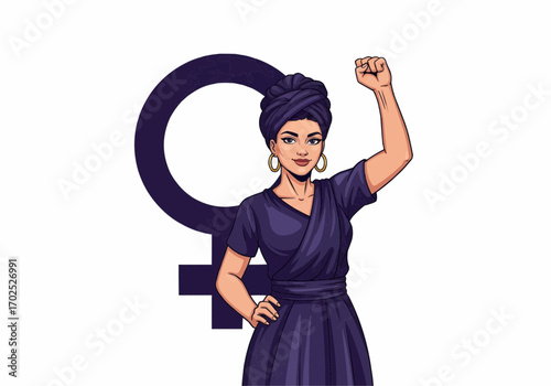 Feminist woman raising fist in protest, female empowerment symbol, illustration of strength and solidarity