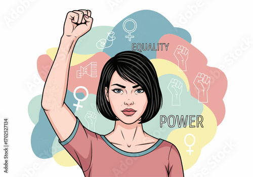 Empowered Woman Raising Fist Symbolizing Strength, Equality, and Feminine Power in a Colorful Abstract Background