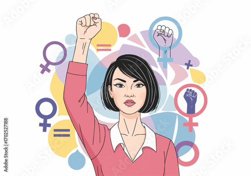 Empowerment and Equality Symbols A Woman's Fist Raised High Amidst Feminine Icons