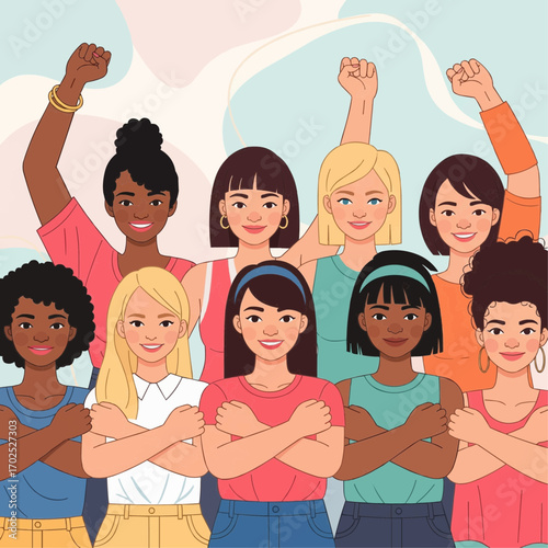 Diverse group of women standing together in solidarity, raising their fists to show strength and empowerment