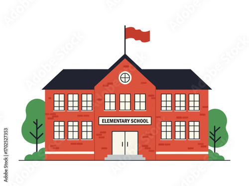 Illustration of a red brick elementary school building with a flag on top and trees.