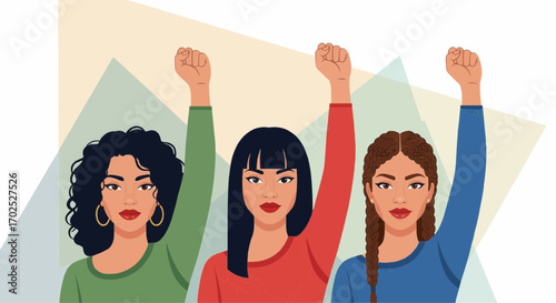 Three determined women with fists raised in solidarity, embodying strength and collective action