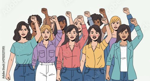 A diverse group of women stand together with raised fists, symbolizing unity, empowerment, and the fight for equality and social justice