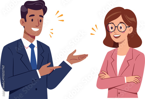 Young businessman and businesswoman smiling and communicating, professional conversation, office teamwork, friendly discussion, confident interaction, 