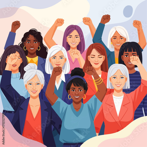 Group of diverse women raising fists in solidarity and empowerment celebrating sisterhood and equality for International Women's Day