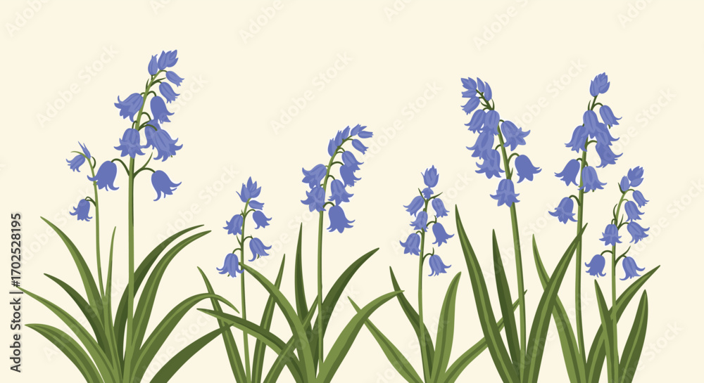 Fototapeta premium Delicate bluebells blooming in a gentle spring meadow under soft sunlight