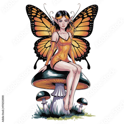 Butterfly Fairy on Mushroom – Fantasy Forest Cartoon Illustration in Black and White